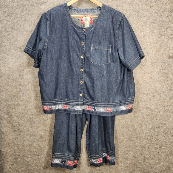 Koret Pants - Koret City Blues VTG 2-Piece Set Top & Pants Plus 22 W Blue Denim Patchwork